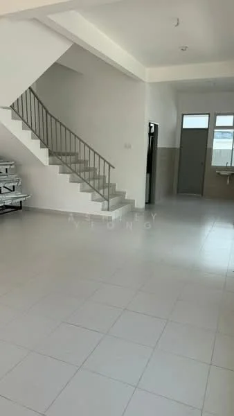 Room features: white painted walls, white ceiling, tile flooring, staircase with metal railing, large windows, door leading to another room, open space layout, utility area with sink; style: modern.