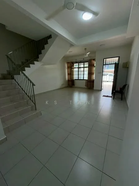 Living features: white painted walls, tile flooring, ceiling fan, large windows with sheer curtains, natural light, staircase with metal railing, door leading outside, corner chair; style: modern.