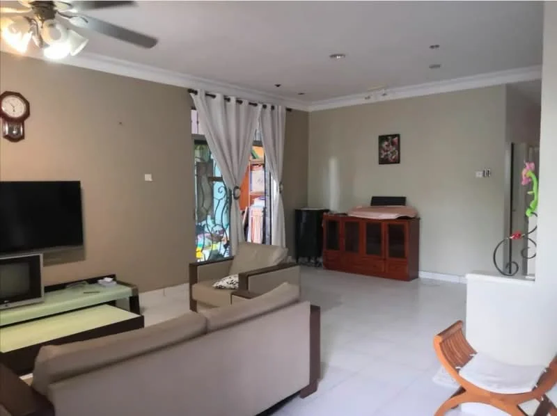 Living features: 3-seater fabric sofa in beige, 2-seater fabric sofa in brown, coffee table with glass top, wall-mounted TV, TV console, wooden cabinet, ceiling fan with light, white tiled flooring, light grey painted walls, curtains, decorative wall clock, framed artwork; style: modern.