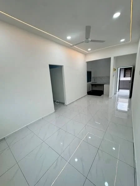 Room features: white painted walls, glossy white tile flooring, recessed LED downlights, ceiling fan, open layout, doorway leading to another room, kitchen area visible in the background, large window for natural light; style: modern.
