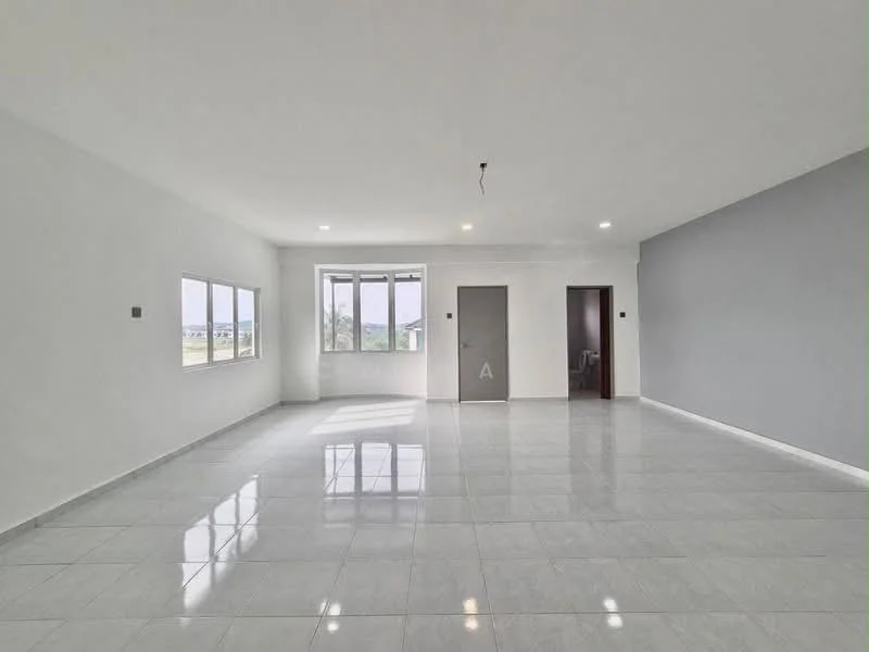 Room features: white painted walls, grey accent wall, glossy ceramic tile flooring, recessed LED downlights, floor-to-ceiling windows, single door, multiple windows, open layout; style: modern; view: garden.