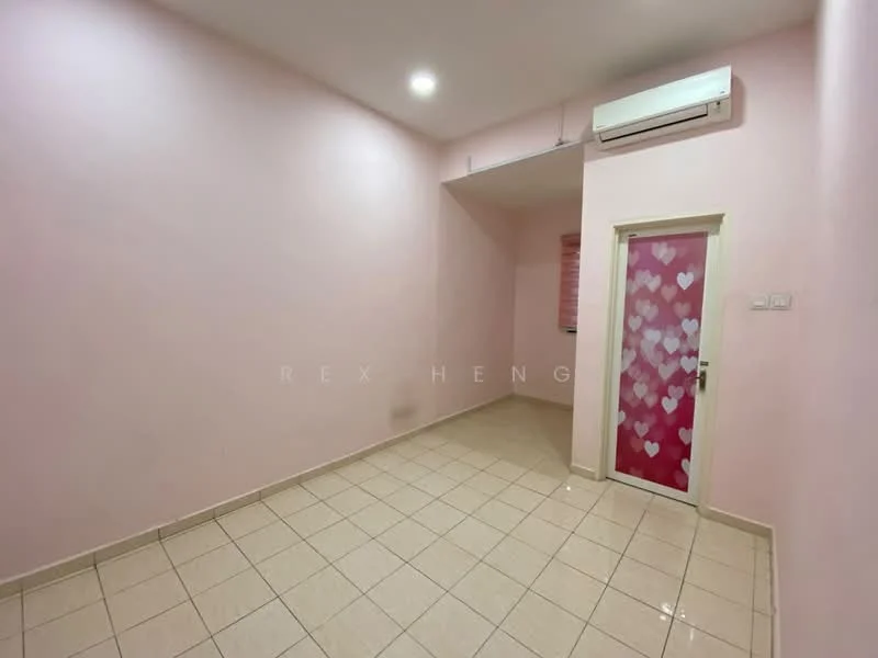 Room features: pink painted walls, ceramic tile flooring, 1 wall-mounted split AC, recessed downlights, window with blinds, door with decorative glass panel, neutral ceiling, empty space; style: modern.