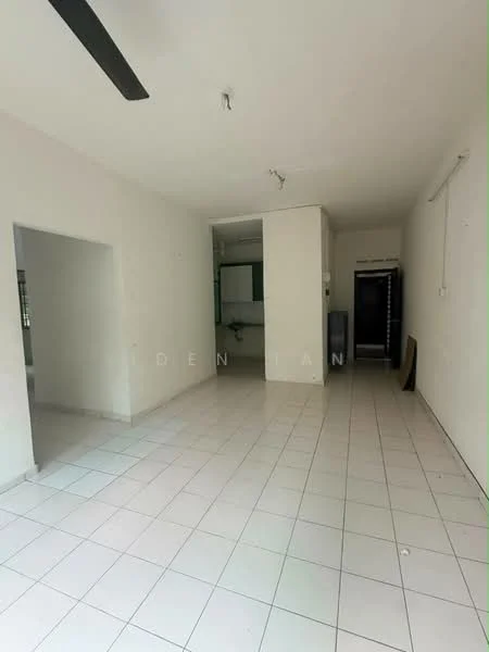 Room features: white painted walls, white tiled flooring, ceiling fan, open layout, large windows, kitchen area visible in background, no visible furniture, neutral color scheme; style: minimalist.