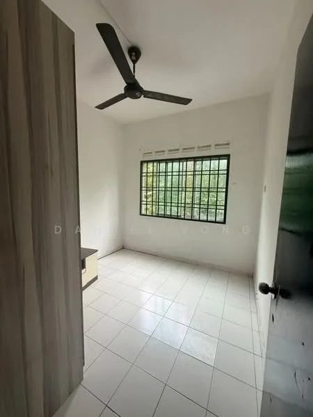 Bedroom features: white painted walls, tile flooring, ceiling fan, large window with black metal grille, built-in wardrobe with wood finish, neutral color scheme, natural light from window; style: minimalist; view: garden.