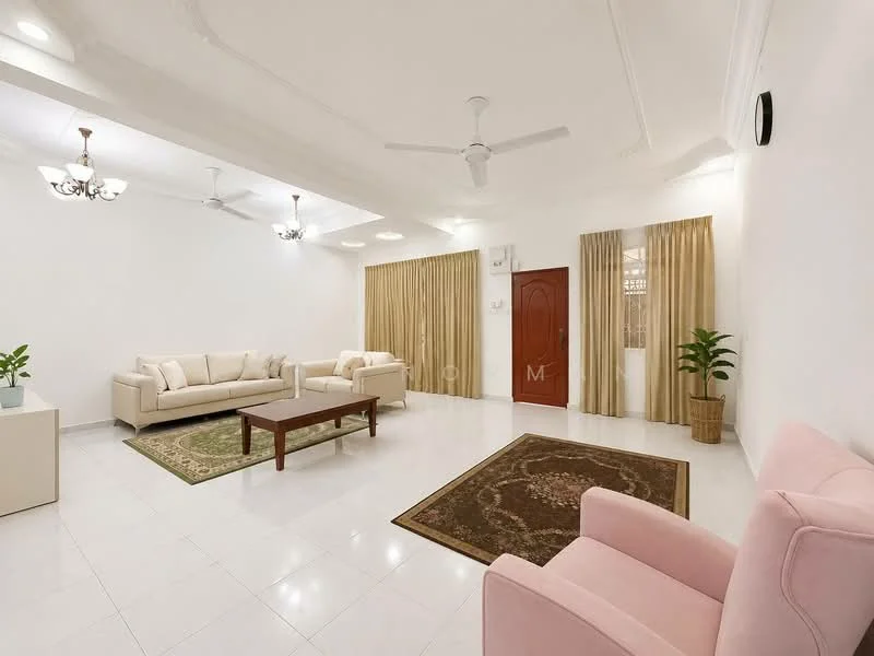 Living features: white painted walls, polished ceramic tile flooring, tray ceiling, 2 ceiling fans, 2 chandeliers, 3-seater fabric sofa in beige, 2-seater fabric sofa in pink, wood coffee table, area rug with geometric pattern, potted plant, curtains in beige, wall-mounted decor; style: modern.