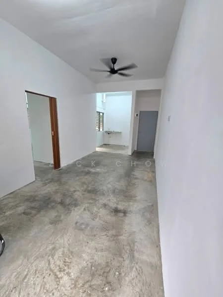 Room features: white painted walls, concrete flooring, ceiling fan, doorway leading to another room, doorway leading to a utility area, window with natural light, high ceiling, minimalist design; style: minimalist.