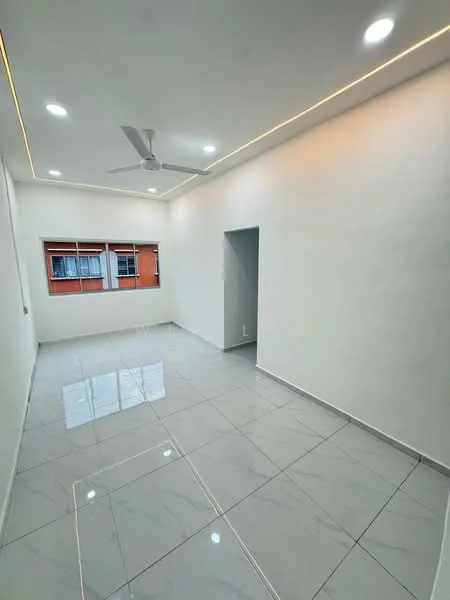 Room features: white painted walls, glossy marble tile flooring, recessed LED downlights, 5-blade ceiling fan, window with sheer curtains, doorway leading to another room, natural light from window; style: modern.
