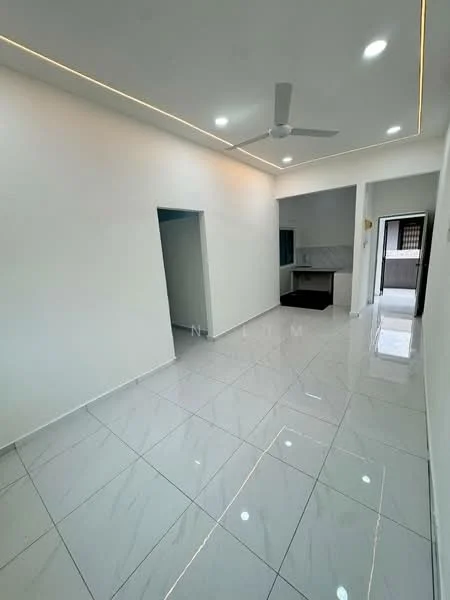 Room features: white painted walls, glossy white tile flooring, recessed LED downlights, ceiling fan, open layout, large windows, neutral color scheme, kitchen area visible in background; style: modern.