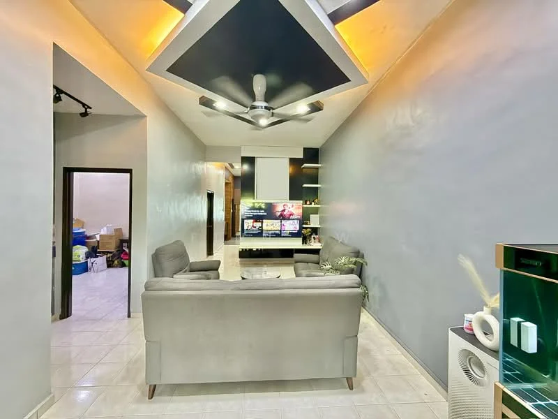 Living features: grey fabric sofa, 3-seater sofa, ceiling fan with integrated light, flat-screen TV on wall-mounted unit, decorative shelving unit, light-colored walls, tile flooring, recessed lighting, decorative plants, coffee table, wall-mounted media console; style: modern. Room features: open layout, additional room visible in background.