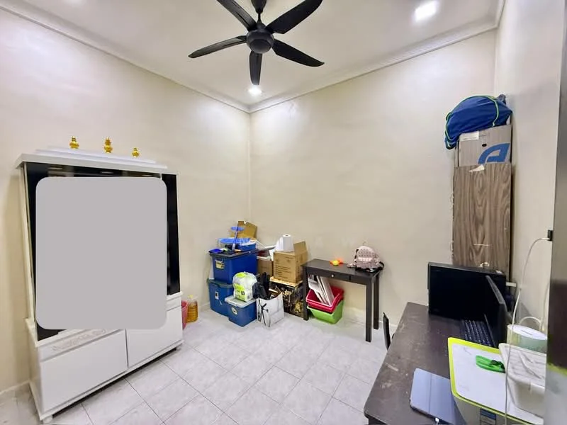Room features: light-colored painted walls, ceiling fan, tile flooring, wooden table, computer on desk, storage boxes, white cabinet, plastic storage bins.
