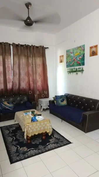 Living features: 2-seater fabric sofa in black, 3-seater fabric sofa in blue, coffee table with decorative cloth, area rug with intricate pattern, ceiling fan, wall-mounted artwork, curtains in brown, white tiled flooring; style: traditional.