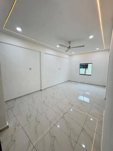Room features: white painted walls, marble tile flooring, recessed downlights, ceiling fan, single window, no visible furniture, neutral color scheme, smooth ceiling with LED strip lighting; style: modern.