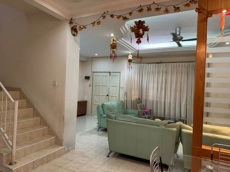 Living features: light green leather sofa, coffee table, wall-mounted ceiling fan, recessed downlights, curtains, decorative ceiling hangings, tile flooring, wall with light paint, open layout to dining area; style: modern. Room features: staircase with tiled steps, white walls, doorway to another room.