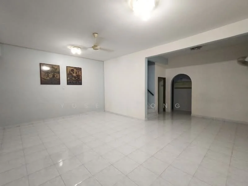 Living features: white painted walls, glossy white tile flooring, 2 ceiling fans, 3 light fixtures on ceiling, arched doorway, decorative wall art, open layout, no visible furniture.