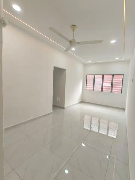 Room features: white painted walls, glossy ceramic tile flooring, ceiling fan, recessed LED downlights, large windows with red window frames, neutral color scheme, smooth ceiling, natural light; style: modern.