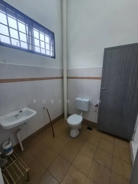 Bathroom features: white painted walls, cream tiled walls, brown accent tiles, ceramic tile flooring, toilet, single-sink vanity, mirror, window, door, plumbing pipe, wall-mounted faucet.
