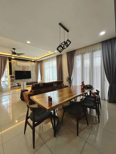 Living features: 3-seater fabric sofa in brown, wooden dining table, 6 wooden dining chairs, TV console, wall-mounted TV, floor-to-ceiling windows, sheer curtains, dark grey curtains, recessed downlights, ceiling fan, decorative pendant light, polished tile flooring, feature wall with stone cladding; style: modern.