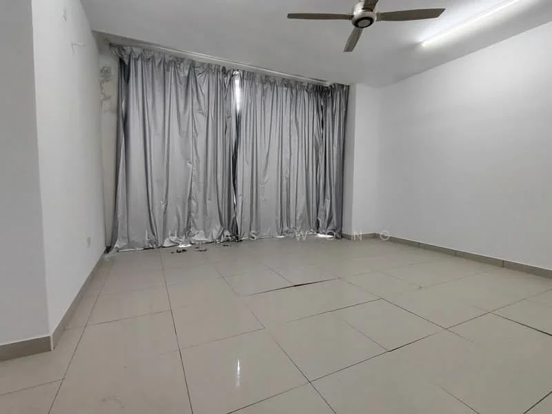 Living features: white painted walls, grey curtains, floor-to-ceiling windows, ceramic tile flooring, 5-blade ceiling fan, recessed lighting, neutral color scheme, no visible furniture; style: modern.