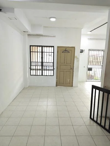 Room features: white painted walls, tile flooring, single door, window with security bars, ceiling light fixture, open layout, corner space, neutral color scheme; style: minimalist.