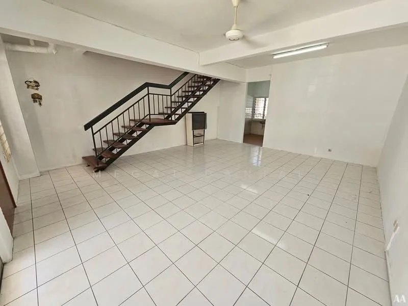 Room features: white painted walls, white tiled flooring, exposed ceiling, staircase with wooden steps and black metal railing, ceiling fan, large open space, windows allowing natural light, no visible furniture; style: minimalist.