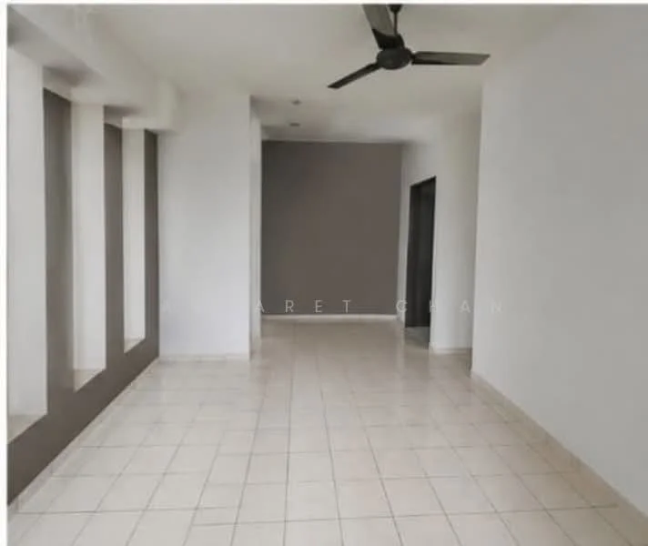 Room features: white painted walls, grey accent wall, tile flooring, ceiling fan, large windows, open layout, natural light, neutral color scheme; style: modern.