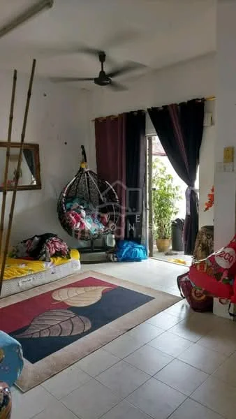 Living features: ceiling fan, hanging chair, large window with sheer curtains, dark curtains, decorative area rug, sofa with colorful cushions, potted plant, wall-mounted mirror, tile flooring, wall with minor scuff marks.