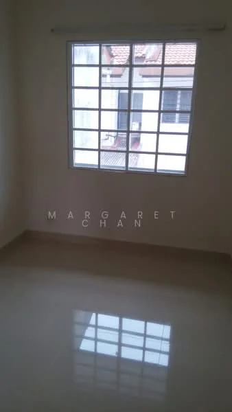 Room features: white painted walls, glossy tile flooring, large window with multiple panes, natural light from window, curtains or blinds, view of exterior, neutral color scheme; style: modern.
