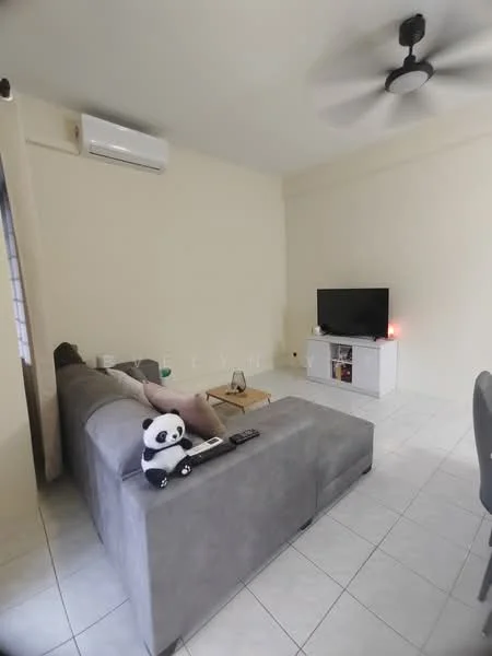 Living features: grey fabric sectional sofa, wall-mounted TV, white TV console, 1 wall-mounted split AC, ceiling fan, white painted walls, tile flooring, curtains, decorative panda plush toy, coffee table, remote control on sofa; style: modern.
