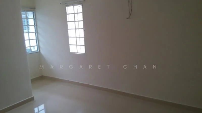 Room features: white painted walls, glossy tile flooring, two small windows, natural light, no visible furniture, neutral color scheme, minimal decor, electrical wiring visible; style: minimalist.