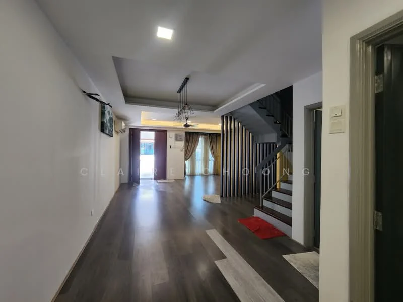 Room features: white painted walls, wooden flooring, recessed ceiling with lighting, ceiling fan, staircase with wooden steps, wall-mounted TV, curtains, area rug, doorway leading to another room, open layout; style: modern.