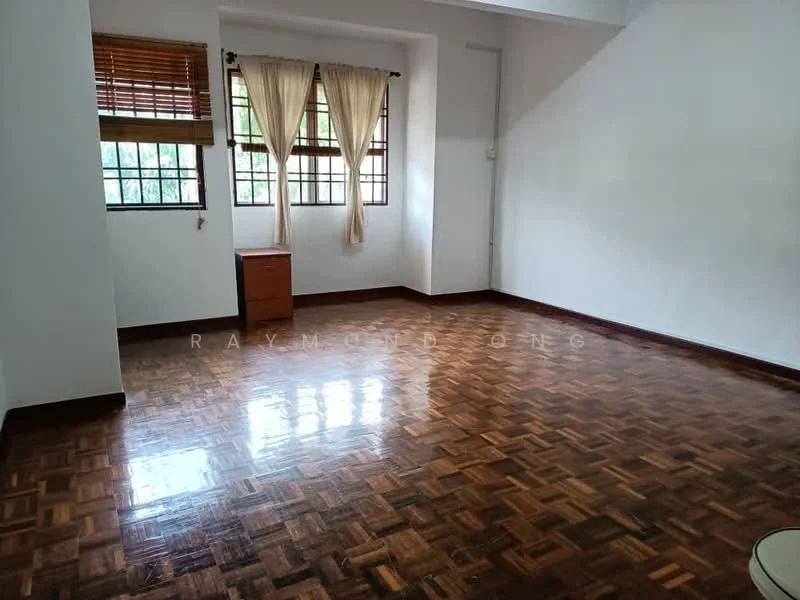 Living features: parquet wood flooring, white painted walls, large windows with wooden blinds, natural light from windows, corner cabinet, high ceiling, no visible ceiling fixtures; view: garden.