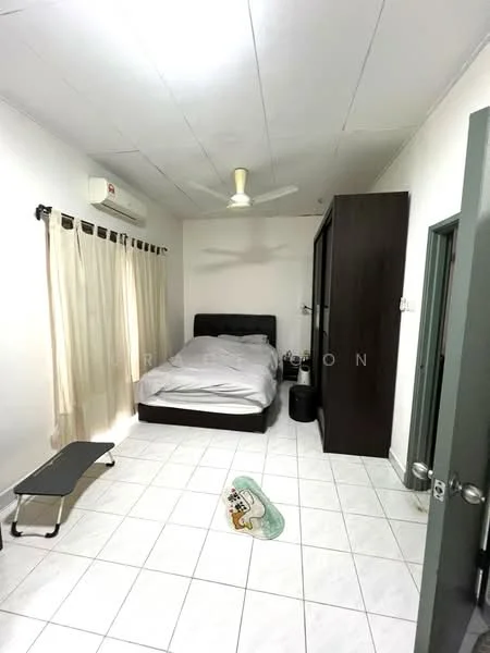 Bedroom features: queen-size bed with grey bedding, upholstered headboard, white walls, tile flooring, 5-blade ceiling fan, wall-mounted air conditioning unit, black bedside table, built-in wardrobe, curtains, floor mat, sliding door, decorative wall art; style: modern.