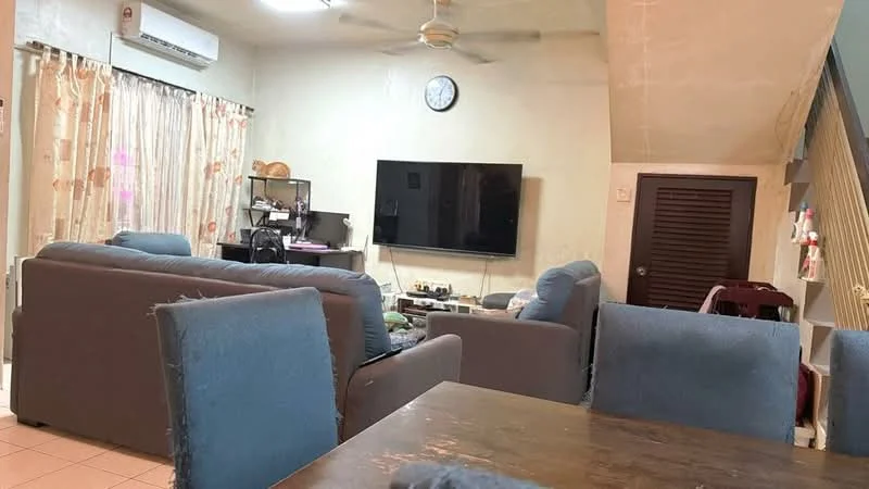 Living features: 3-seater fabric sofa in blue, 2-seater fabric sofa in blue, wall-mounted TV, TV console, ceiling fan, recessed downlights, clock on wall, curtains with floral pattern, tile flooring, dining table with chairs.