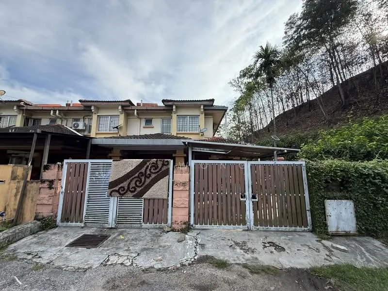 Exterior type: linked terrace house; features: two-storey building, brown wooden facade, metal gate with decorative pattern, concrete driveway, manicured greenery, surrounded by trees, sloped terrain in background, roof with overhang, air conditioning units visible on facade; style: modern.