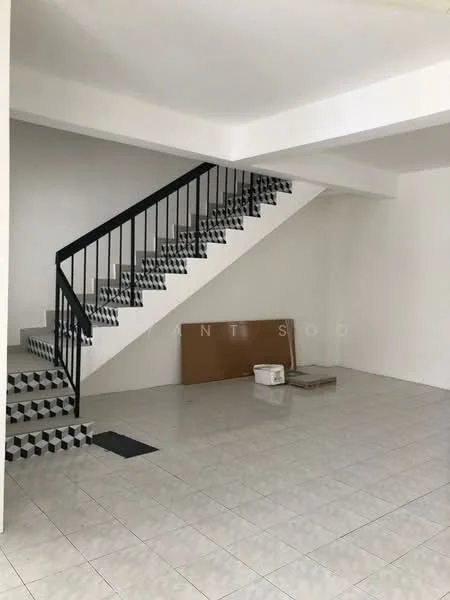 Room features: white painted walls, glossy ceramic tile flooring, black and white checkered staircase, open space layout, staircase with metal railing, empty cardboard box, paint bucket, no visible furniture; style: modern.