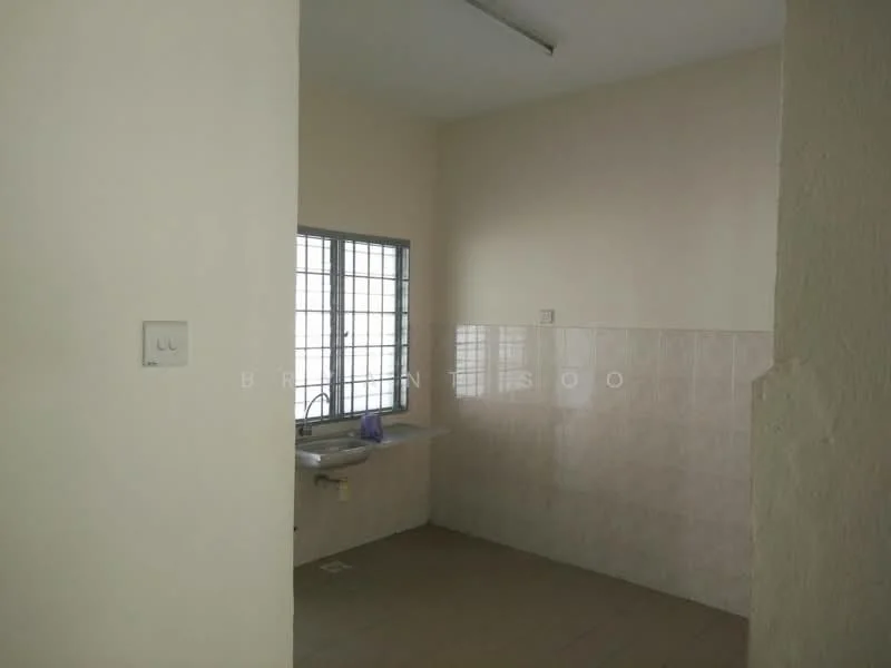 Kitchen features: white painted walls, light beige tiled backsplash, single-bowl stainless-steel sink, window with metal grille, tile flooring, fluorescent ceiling light, countertop space, plumbing visible.