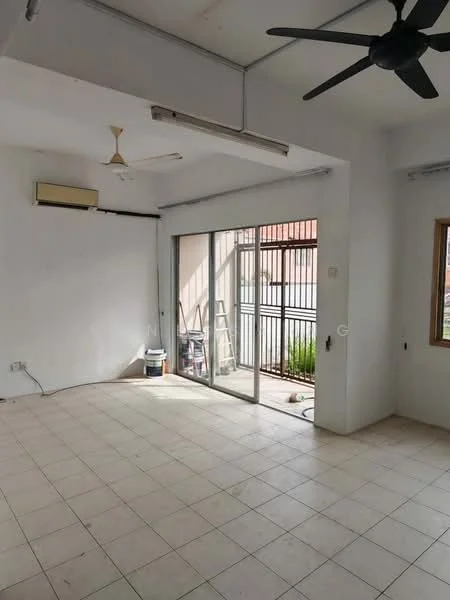 Room features: white painted walls, tiled flooring, sliding glass door, floor-to-ceiling windows, ceiling fan, wall-mounted air conditioning unit, balcony view, natural light from windows.