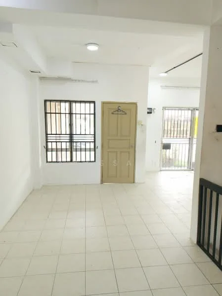 Room features: white painted walls, tile flooring, single door, window with bars, ceiling light, open layout, neutral color scheme; style: modern.