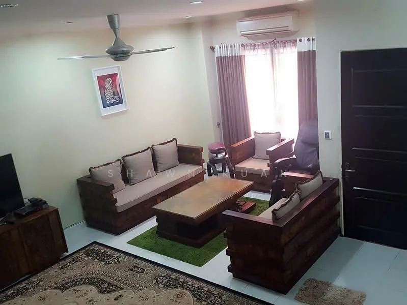 Living features: 3-seater wooden sofa, 2-seater wooden sofa, coffee table with wooden frame, area rug with geometric pattern, ceiling fan, wall-mounted air conditioning unit, floor-to-ceiling windows with sheer curtains, wooden door, decorative artwork on wall, green carpet, wooden side tables; style: traditional.