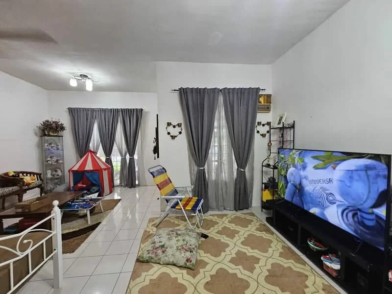 Living features: white painted walls, glossy white tile flooring, ceiling light fixture, floor-to-ceiling windows with sheer curtains, grey curtains, TV console with wall-mounted TV, decorative wall shelf, area rug with geometric pattern, sofa with patterned upholstery, foldable chair, children's play tent, coffee table; style: modern.