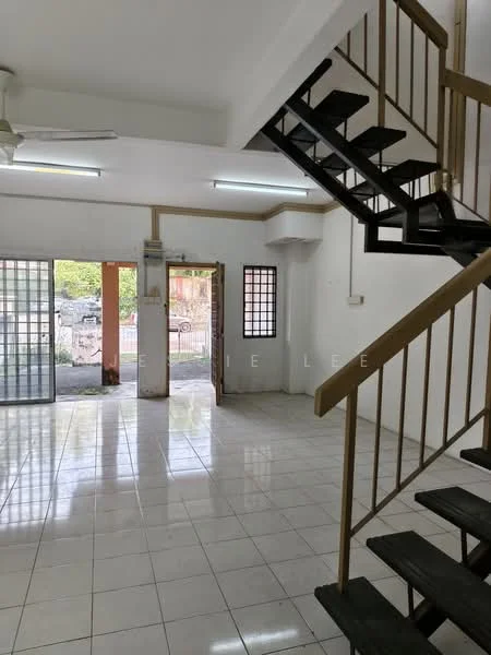 Room features: white painted walls, ceramic tile flooring, staircase with wooden steps, metal railing, ceiling lights, sliding glass door, window with grille, open layout, natural light from windows; style: modern; view: garden.