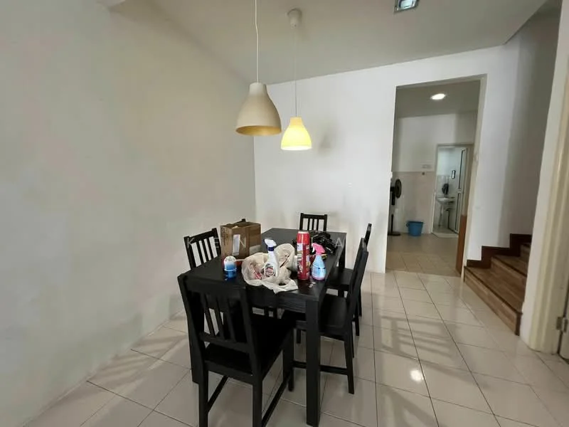 Dining features: black dining table, 6 black dining chairs, white painted walls, tile flooring, 2 pendant lights, window with no treatment, staircase visible in background, decorative items on table; style: modern. Room features: white painted walls, tile flooring, doorway leading to another room, laundry area visible in background.