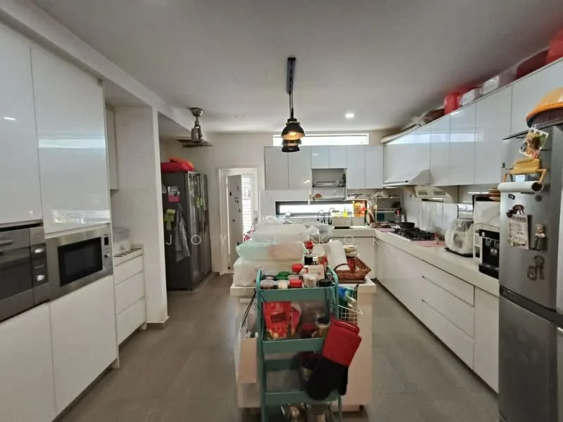 Kitchen features: white cabinetry, stainless-steel fridge, built-in microwave, freestanding range oven, double-bowl stainless-steel sink, chrome pull-down faucet, white quartz countertop, tile backsplash, island with storage, recessed downlights, ceiling fan, grey tile flooring; style: modern.