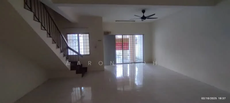 Living features: white painted walls, polished tile flooring, 5-blade ceiling fan, large windows with security bars, staircase with wooden steps, open layout, natural light from windows, no visible furniture.