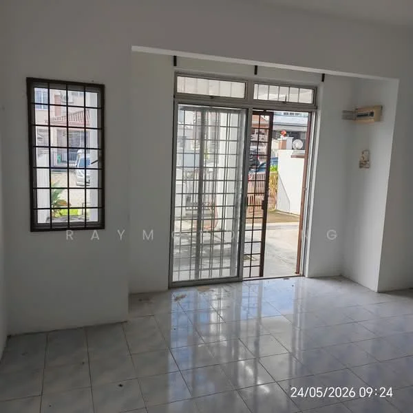 Room features: white painted walls, glazed tile flooring, sliding glass door, grille window, natural light from windows, air conditioning unit, corner window, open layout; style: modern; view: garden.