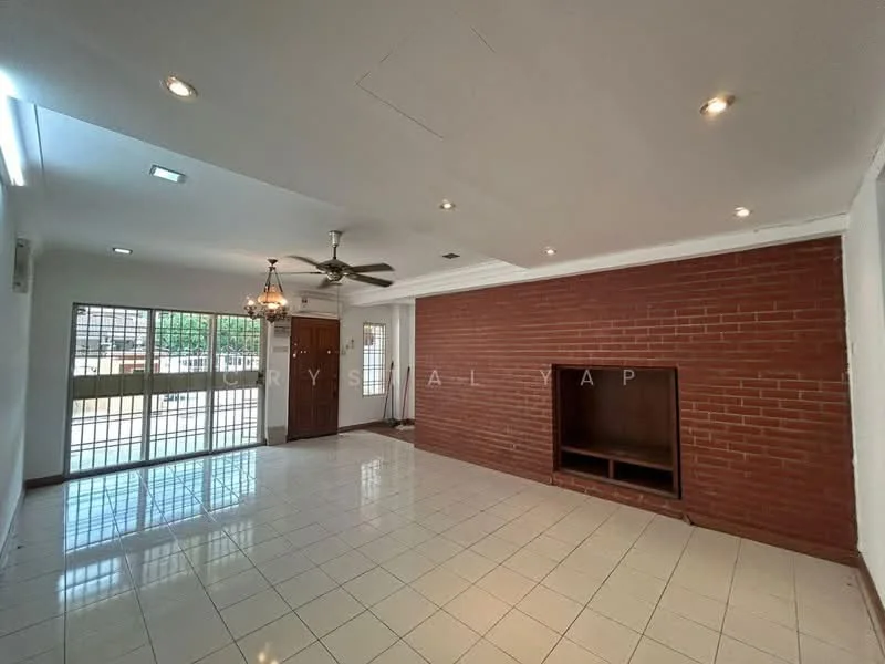 Living features: white painted walls, exposed brick feature wall, ceramic tile flooring, 5-blade ceiling fan with light, recessed downlights, chandelier, large sliding glass door, window with grille, built-in shelf, door leading outside; style: modern.