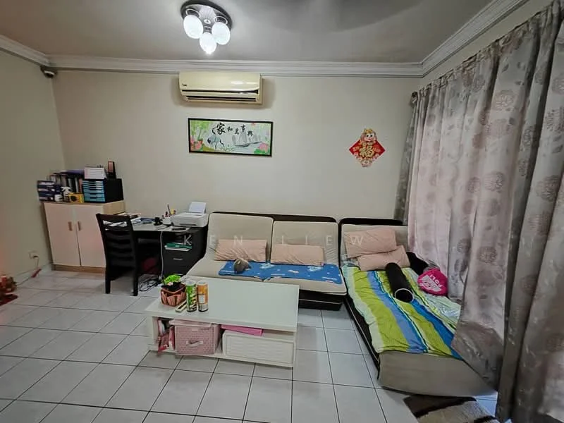 Living features: 3-seater fabric sofa in beige, 2-seater fabric sofa in green, coffee table, wall-mounted air conditioning unit, white ceiling with recessed lighting, light-colored tiled flooring, curtains with floral pattern, framed artwork on wall, built-in shelving unit, decorative wall hanging, desk with chair; style: modern.