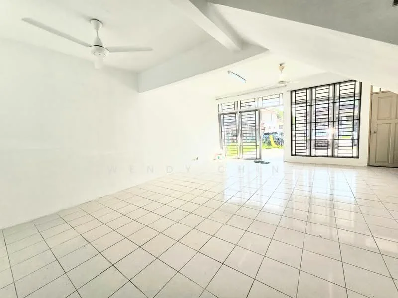 Living features: white painted walls, white ceiling, floor-to-ceiling windows, sliding glass door, ceramic tile flooring, 2 ceiling fans, natural light from windows, open layout; view: garden.