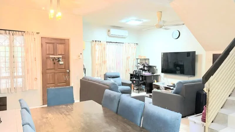 Living features: 3-seater fabric sofa in grey, 2-seater fabric sofa in blue, coffee table, wall-mounted TV, TV console, ceiling fan, recessed LED downlights, floor-to-ceiling windows with sheer curtains, light-coloured walls, wooden door, air conditioning unit, decorative wall clock; style: modern. Dining features: 6-seater dining table, upholstered dining chairs in blue, light-coloured walls, open layout to living area; style: modern.