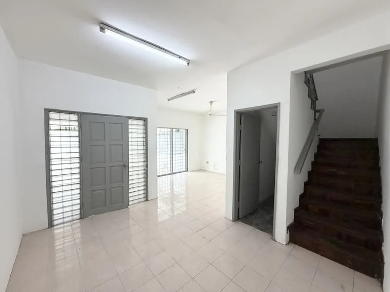 Room features: white painted walls, glossy tile flooring, ceiling with fluorescent lighting, sliding glass door, grey door with multiple panels, staircase with wooden steps, window with security bars, open layout; style: modern.